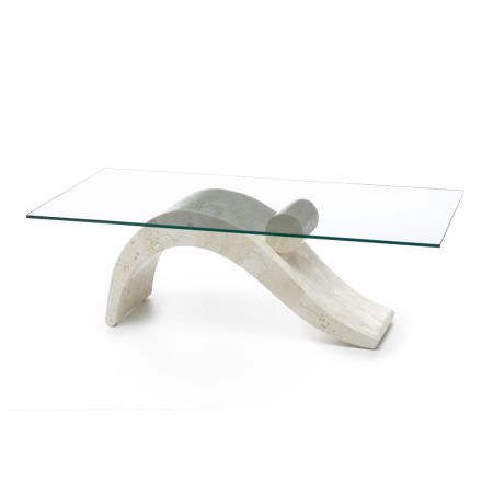 Tavolino Design Moderno con Piano in Vetro e Base Pietra Fossile - Ricarica Viadurini