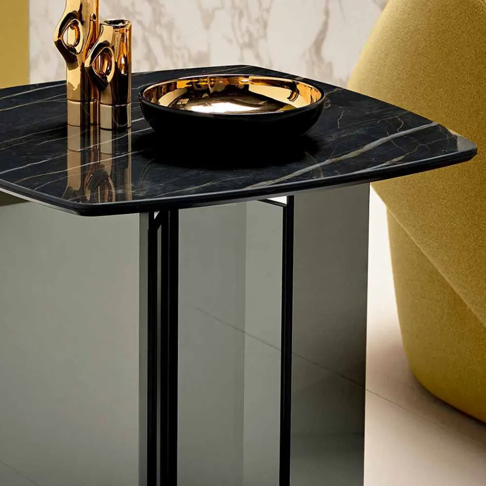 Tavolino Lato Divano da Salotto con Piano in Ceramica e Vetro Fumè - Random Viadurini