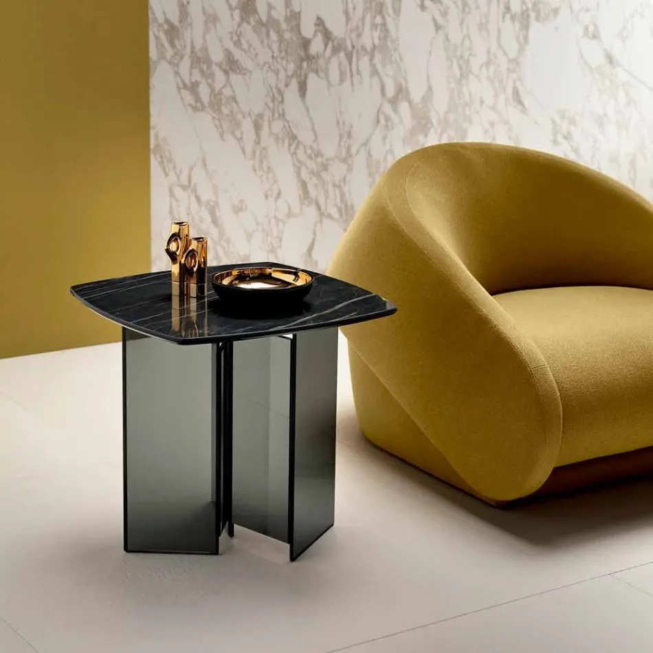 Tavolino Lato Divano da Salotto con Piano in Ceramica e Vetro Fumè - Random Viadurini
