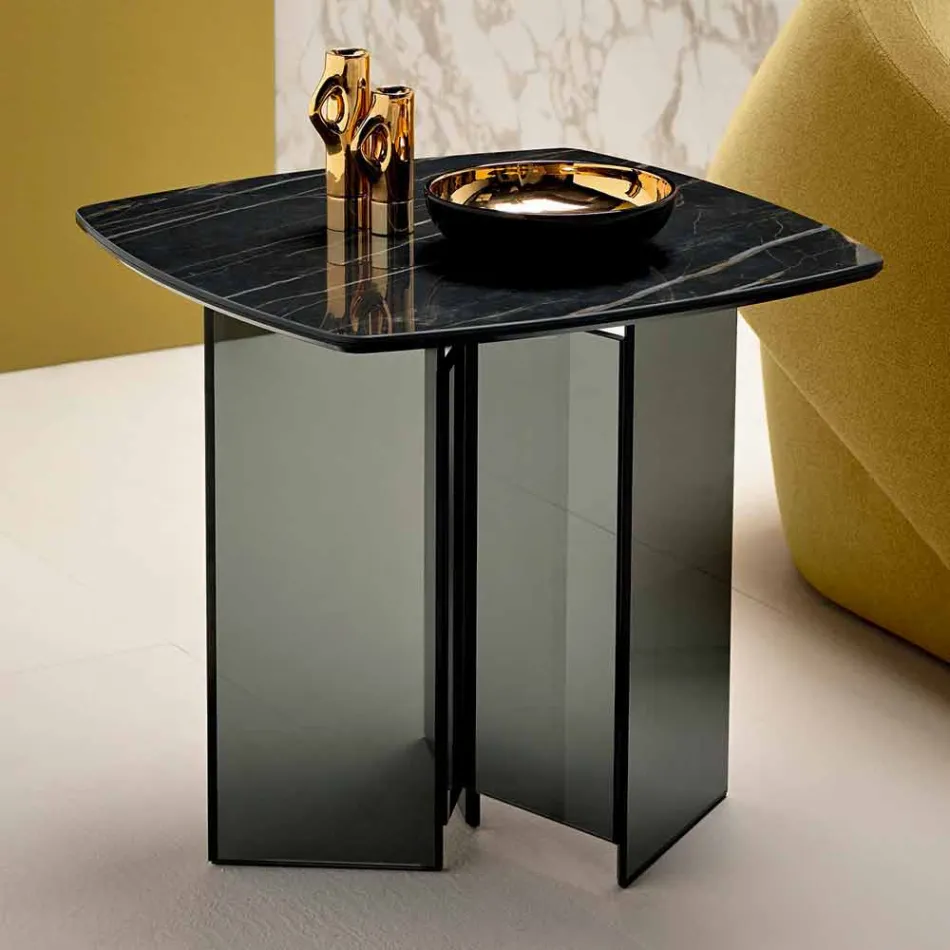 Tavolino Lato Divano da Salotto con Piano in Ceramica e Vetro Fumè - Random Viadurini