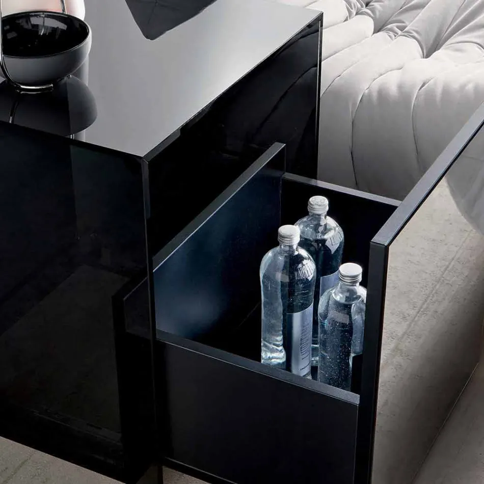 Tavolino Lato Divano o Comodino in Vetro Fumè con Cassetto in Legno - Mantra Viadurini