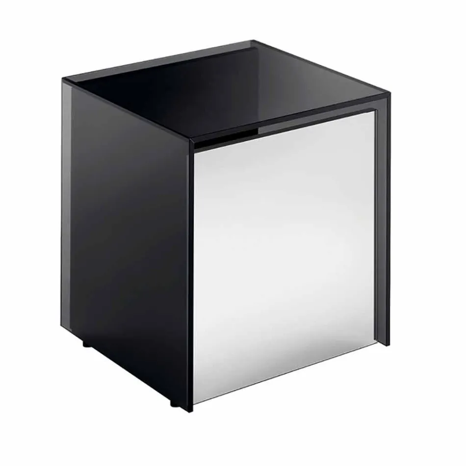 Tavolino Lato Divano o Comodino in Vetro Fumè con Cassetto in Legno - Mantra Viadurini