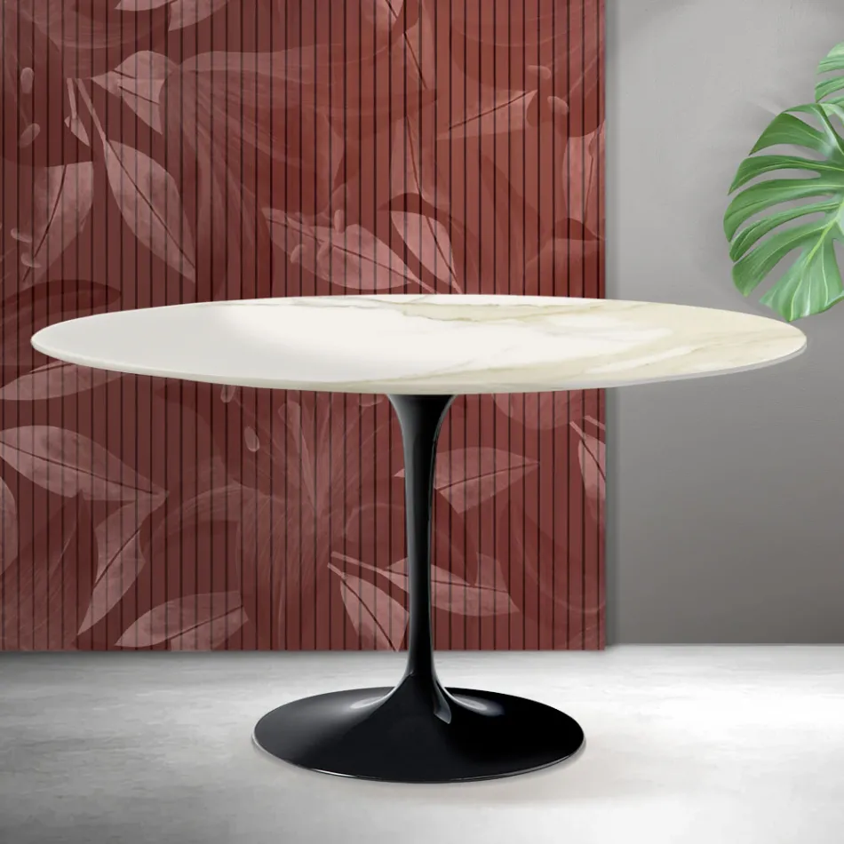 Tavolino Ovale Tulip Saarinen H 41 cm in Ceramica Florim Calacatta Gold Opaco - Scarlet Viadurini