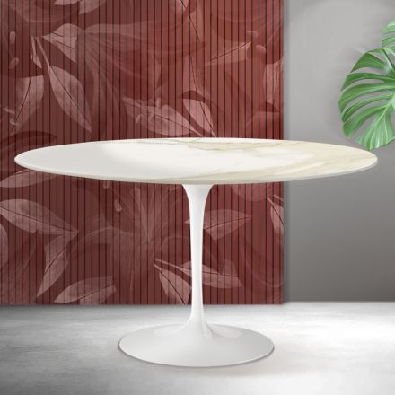 Tavolino Ovale Tulip Saarinen H 41 cm in Ceramica Florim Calacatta Gold Opaco - Scarlet Viadurini