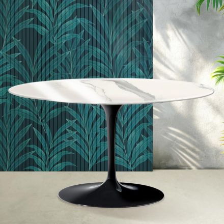 Tavolino Ovale Tulip Saarinen H 41 cm in Ceramica Florim Statuario Lucido - Scarlet Viadurini