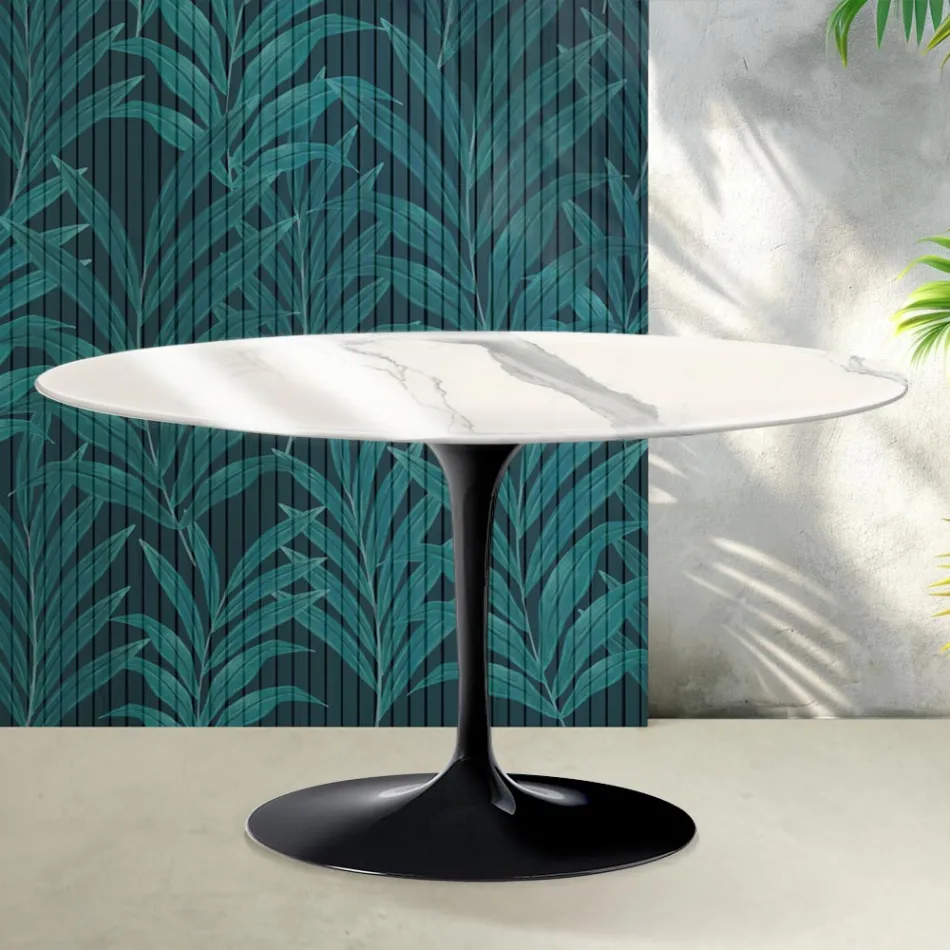 Tavolino Ovale Tulip Saarinen H 41 cm in Ceramica Florim Statuario Lucido - Scarlet Viadurini
