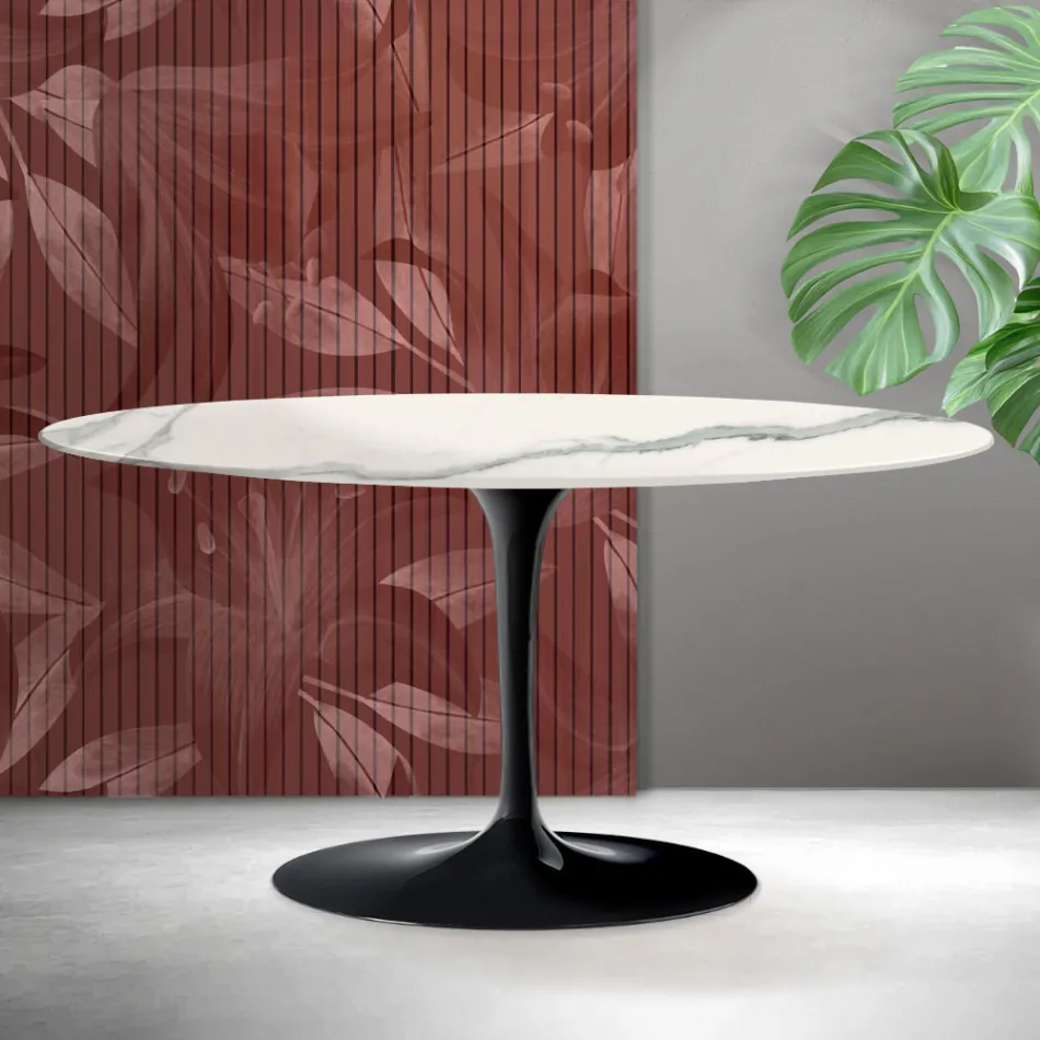 Tavolino Ovale Tulip Saarinen H 41 cm in Ceramica Florim Statuario Opaco - Scarlet Viadurini