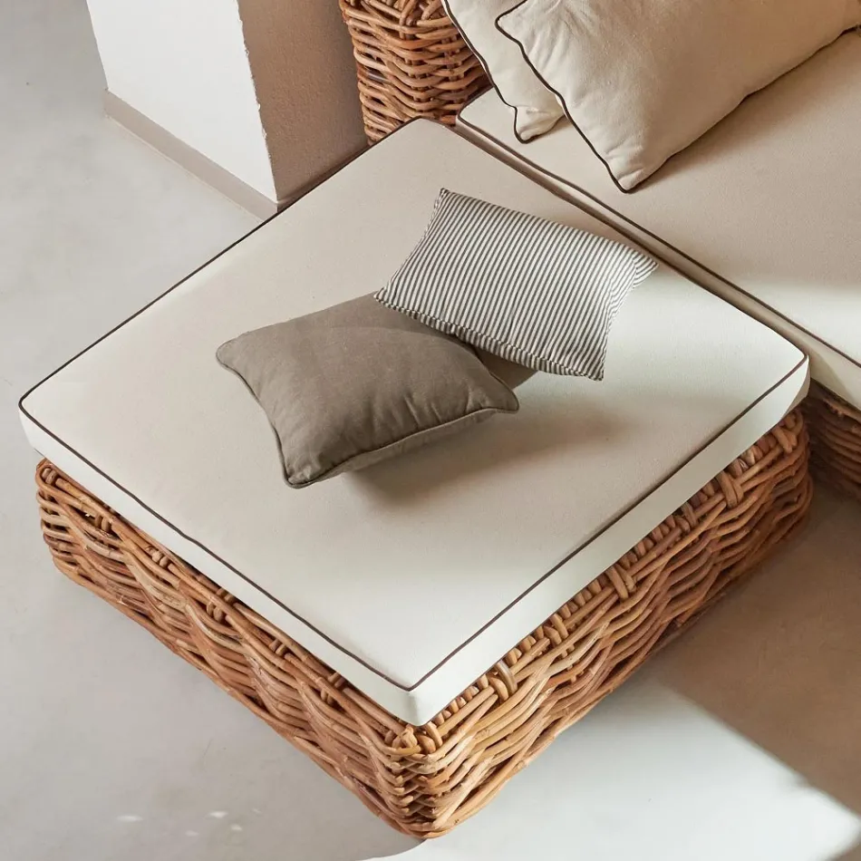 Tavolino-Pouf da Giardino in Rattan Naturale con Cuscino Incluso – Keira Viadurini