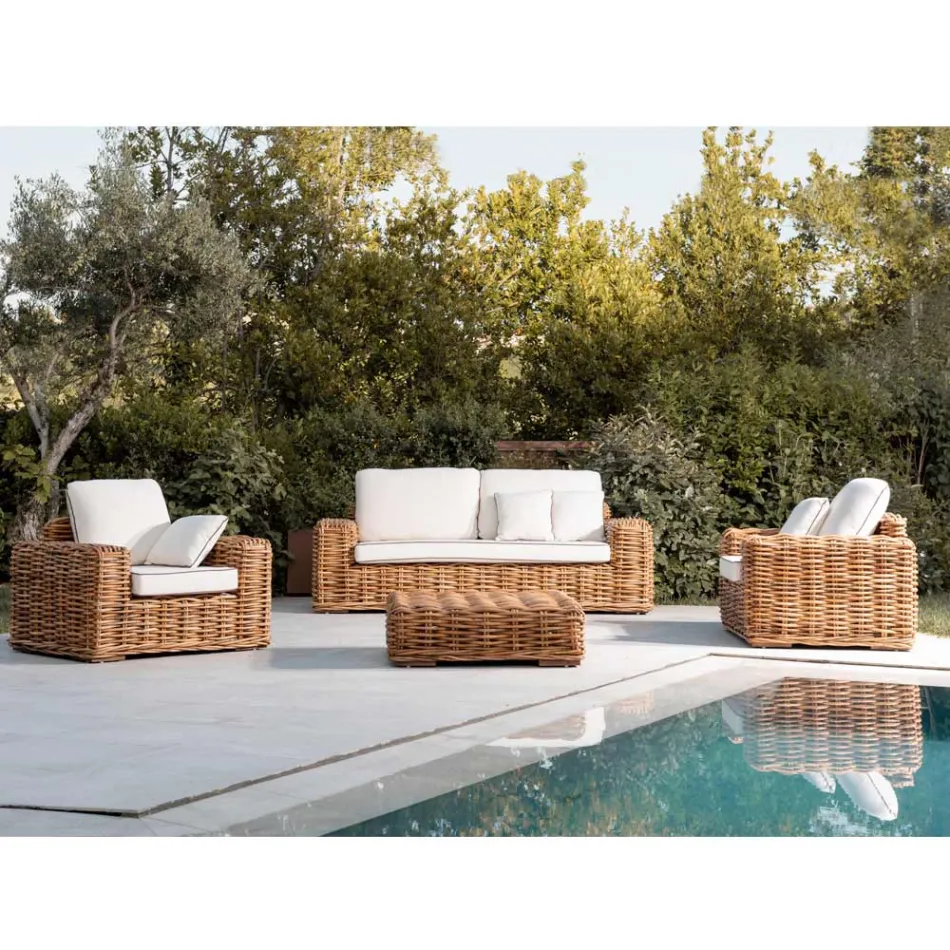 Tavolino-Pouf da Giardino in Rattan Naturale con Cuscino Incluso – Keira Viadurini
