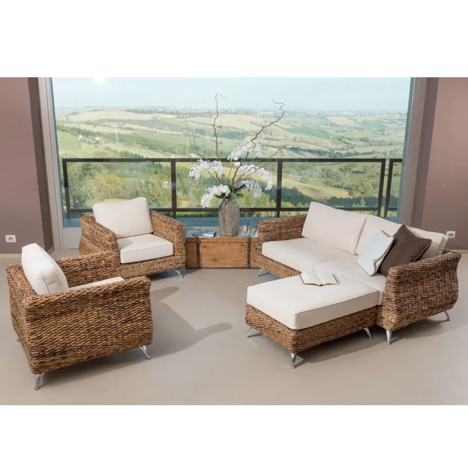 Tavolino-Pouf Outdoor in Intreccio di Banano con Cuscino – Legolas Viadurini