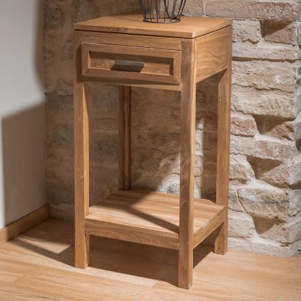 Tavolino Realizzato in Legno Teak Massello con 1 Cassetto - Acrilico Viadurini