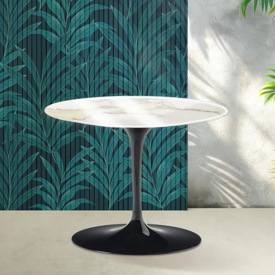Tavolino Rotondo Tulip Saarinen H 41 cm in Ceramica Florim Calacatta Gold Lucido - Scarlet Viadurini