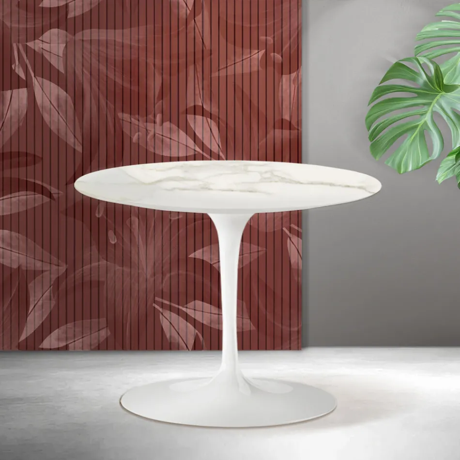 Tavolino Rotondo Tulip Saarinen H 41 cm in Ceramica Florim Calacatta Gold Opaco - Scarlet Viadurini