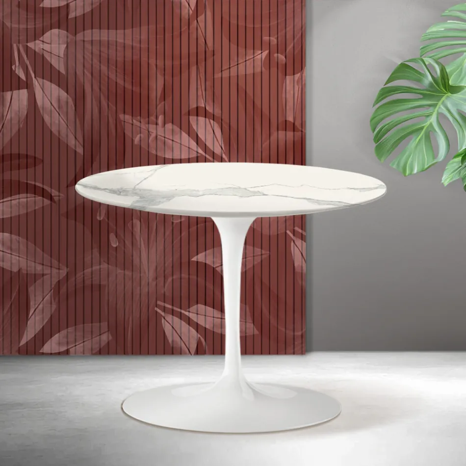 Tavolino Rotondo Tulip Saarinen H 41 cm in Ceramica Florim Statuario Opaco - Scarlet Viadurini