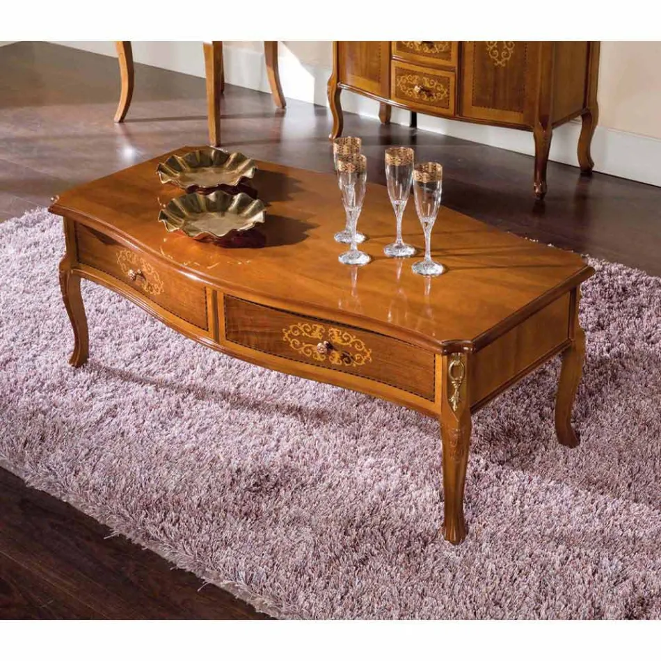 Tavolino Salotto in Legno Intarsiato con 2 Cassetti Made in Italy - Katerine Viadurini