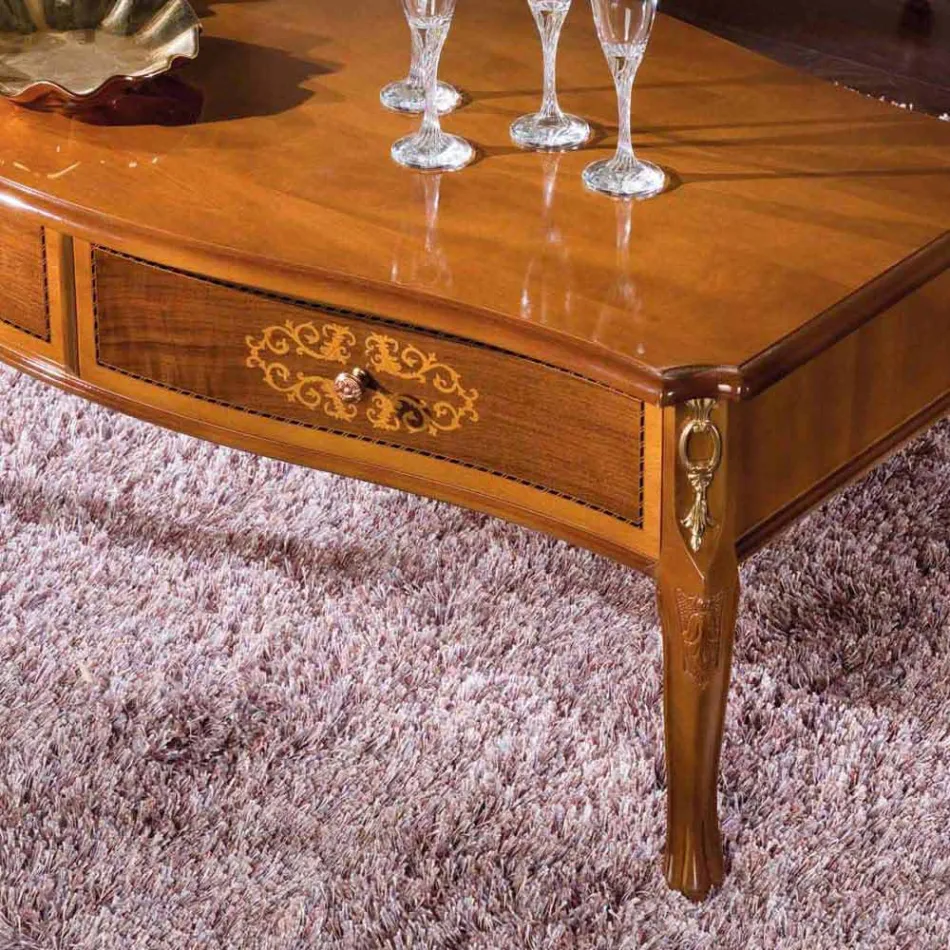 Tavolino Salotto in Legno Intarsiato con 2 Cassetti Made in Italy - Katerine Viadurini