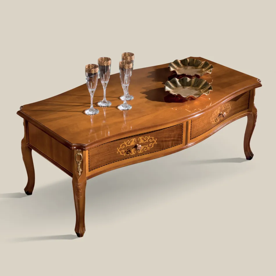 Tavolino Salotto in Legno Intarsiato con 2 Cassetti Made in Italy - Katerine Viadurini