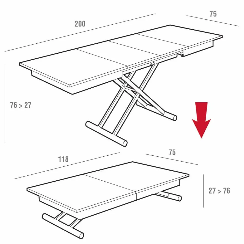 Tavolino Trasformabile da Salotto in Fenix e Metallo Made in Italy - Chiano Viadurini