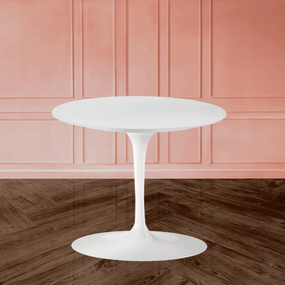 Tavolino Tulip Eero Saarinen H 39 con Piano in Laminato Liquido Bianco Made in Italy - Scarlet Viadurini