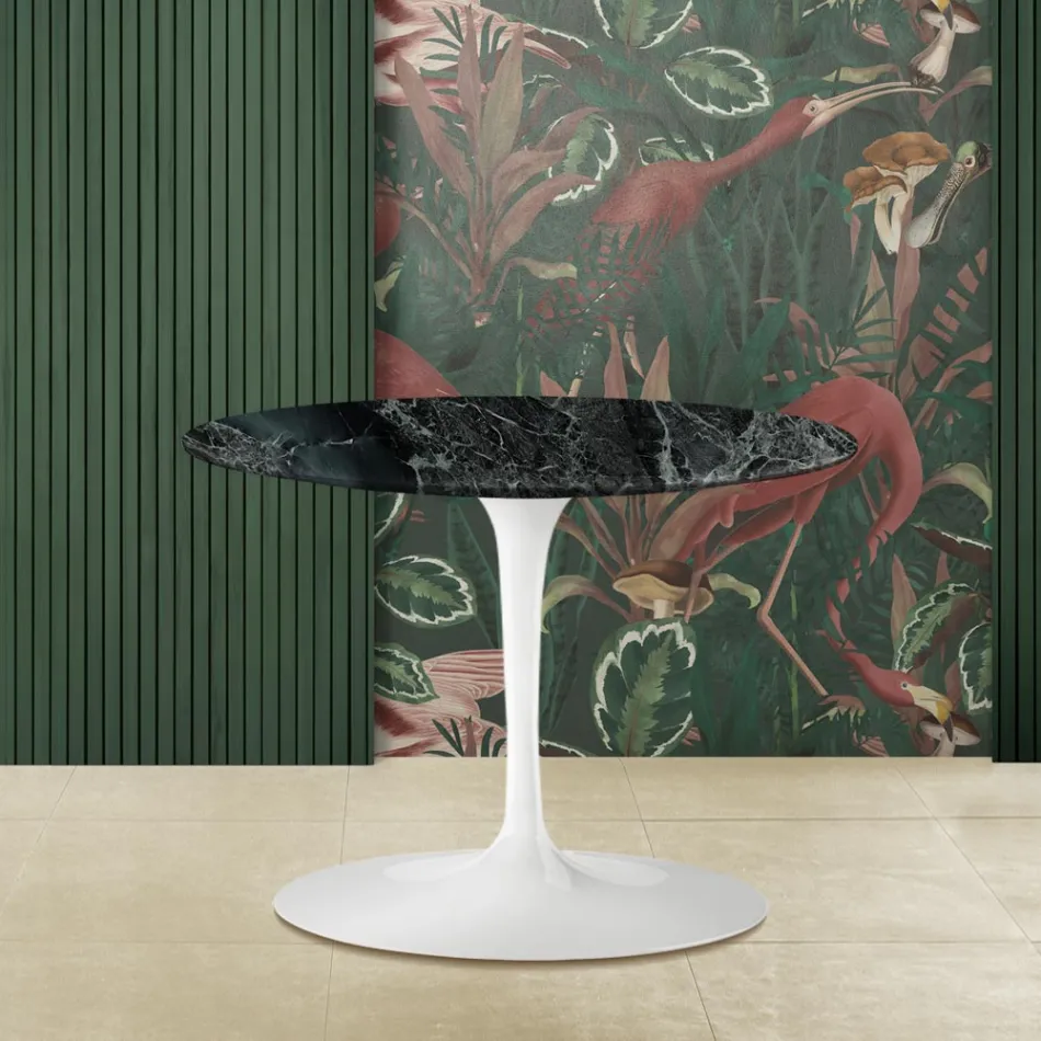 Tavolino Tulip Eero Saarinen H 39 con Piano Ovale in Marmo Verde Alpi  - Scarlet Viadurini