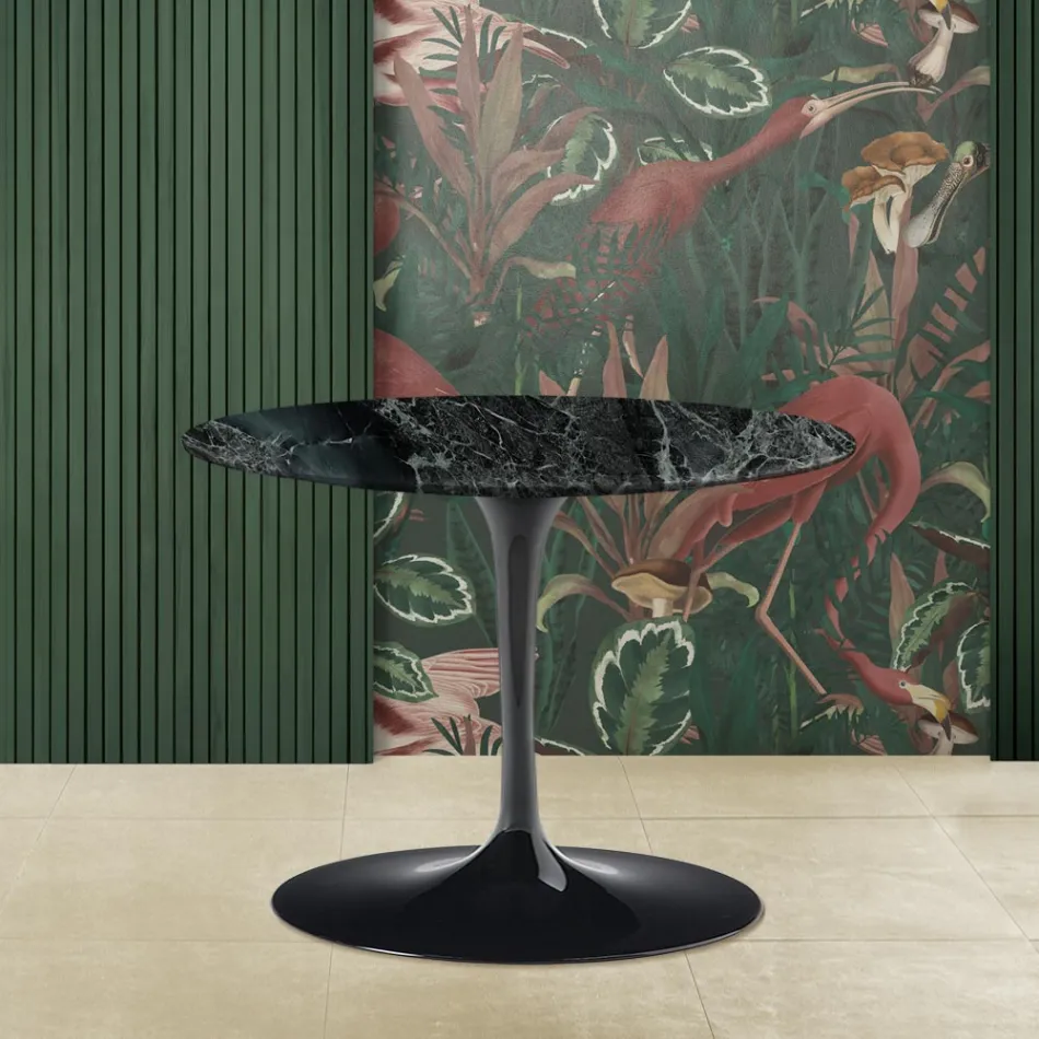 Tavolino Tulip Eero Saarinen H 39 con Piano Ovale in Marmo Verde Alpi  - Scarlet Viadurini