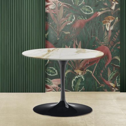 Tavolino Tulip Eero Saarinen H 39 Ovale in Marmo Caracatta Oro Realizzato in Italia Viadurini