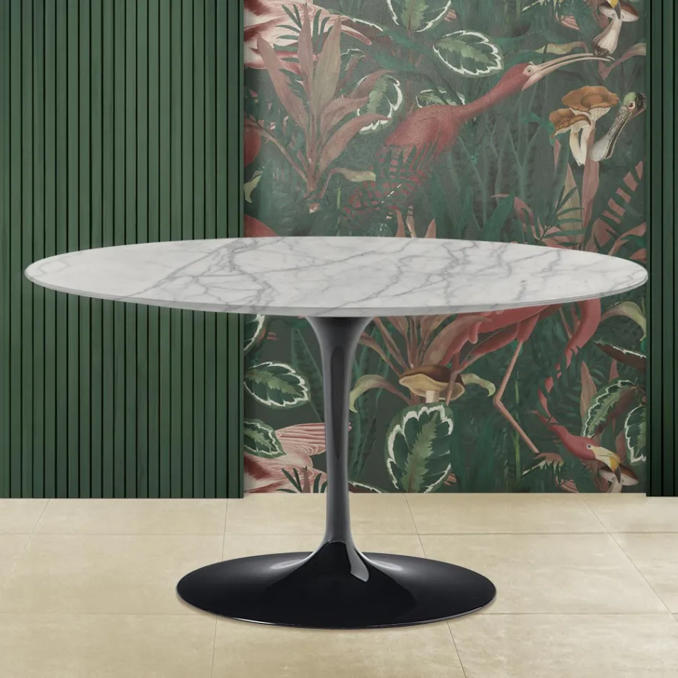Tavolino Tulip Eero Saarinen H 41 con Piano Ovale in Marmo di Carrara Statuarietto Viadurini