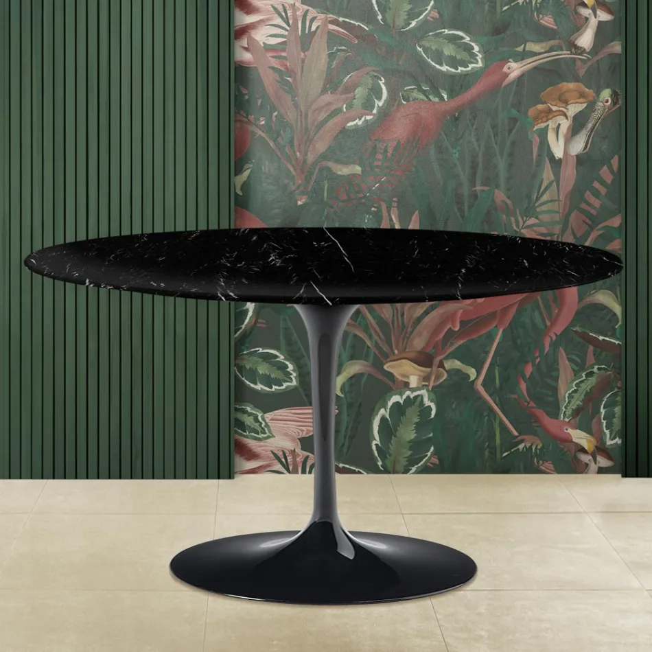 Tavolino Tulip Eero Saarinen H 41 con Piano Ovale in Marmo Nero Marquinia Viadurini