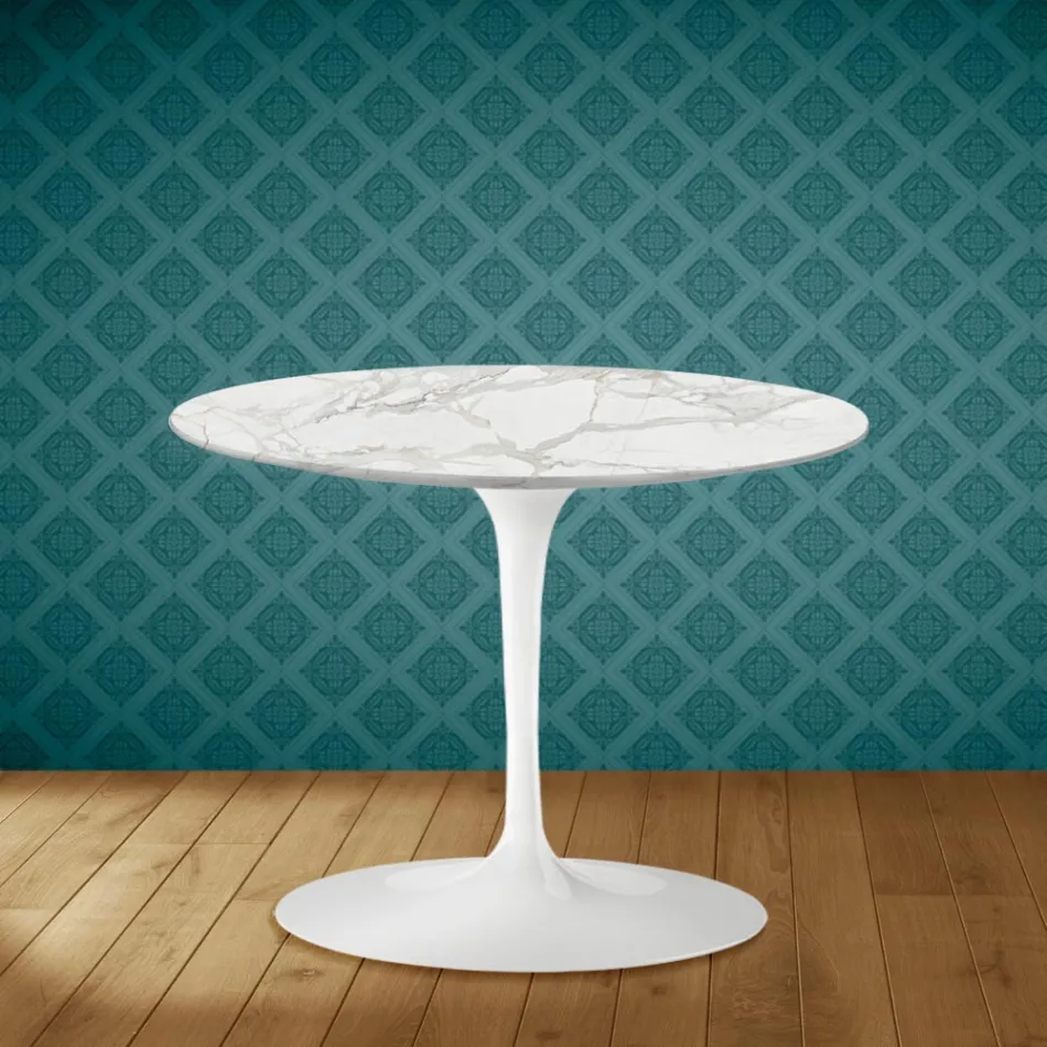 Tavolino Tulip Eero Saarinen H 41 in Ceramica Morpheus Made in Italy - Scarlet Viadurini