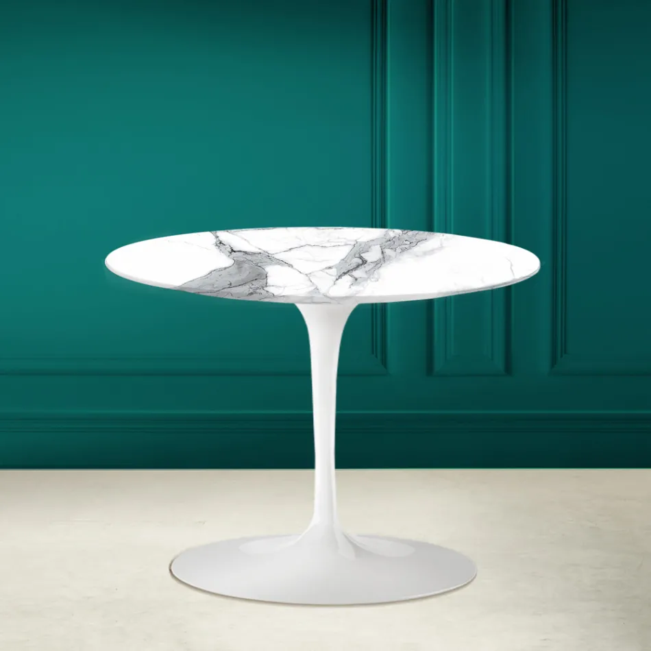 Tavolino Tulip Eero Saarinen H 41 in Ceramica Statuario Altissimo Made in Italy - Scarlet Viadurini