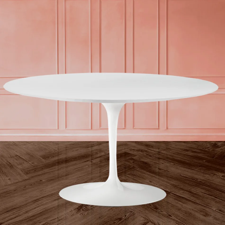 Tavolino Tulip Eero Saarinen H 41 Ovale con Piano in Laminato Liquido Bianco - Scarlet Viadurini