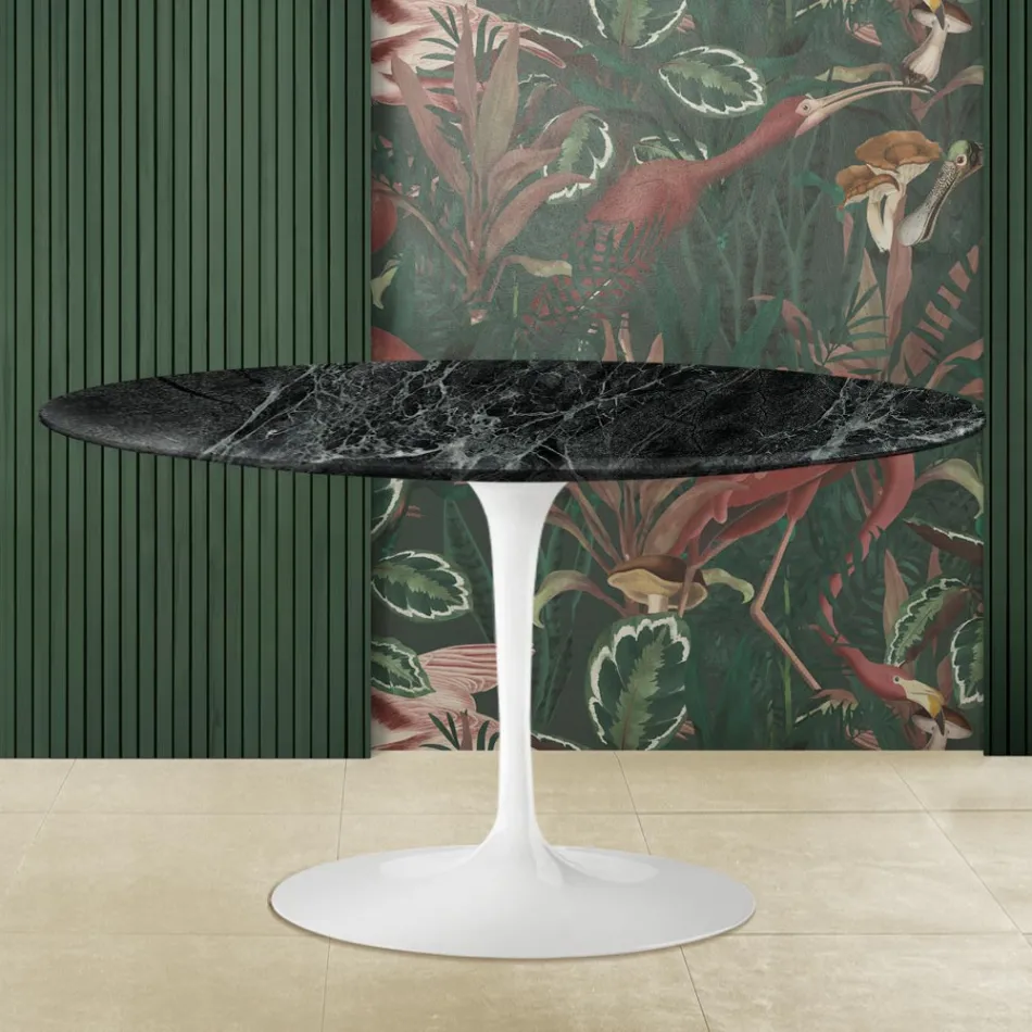 Tavolino Tulip Eero Saarinen H 41 Ovale con Piano in Marmo Verde Alpi Made in Italy - Scarlet Viadurini