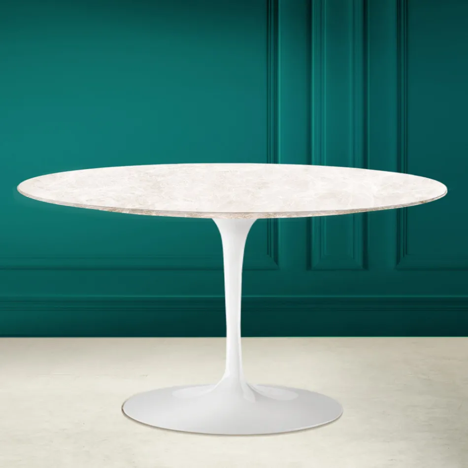 Tavolino Tulip Eero Saarinen H 41 Ovale in Ceramica Diamond Cream Made in Italy - Scarlet Viadurini