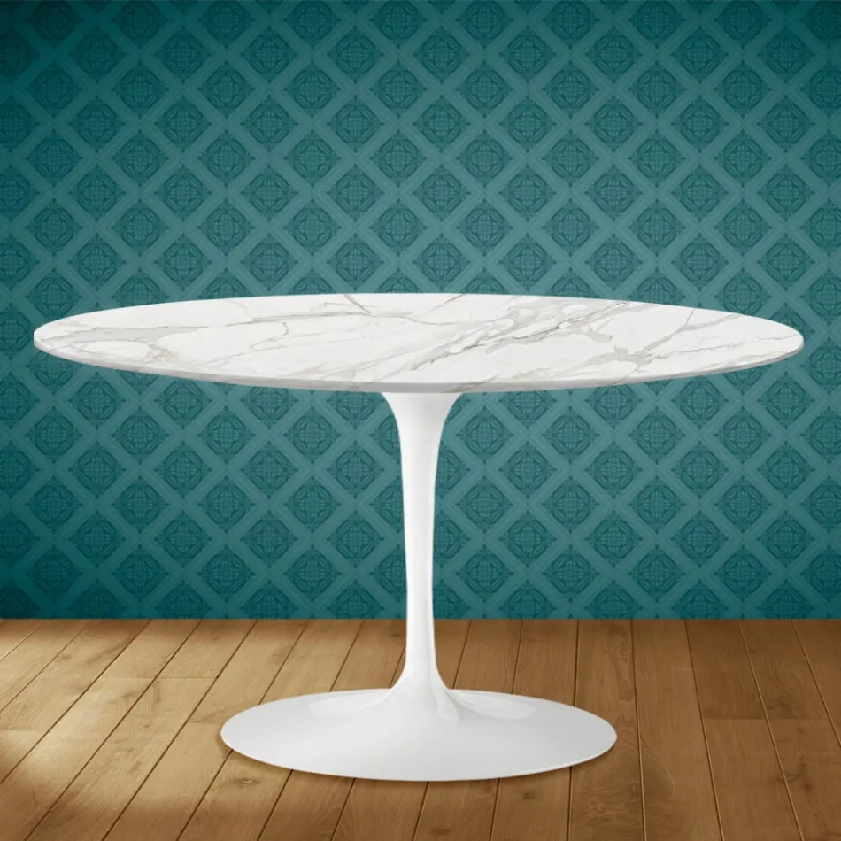 Tavolino Tulip Eero Saarinen H 41 Ovale in Ceramica Morpheus Made in Italy - Scarlet Viadurini