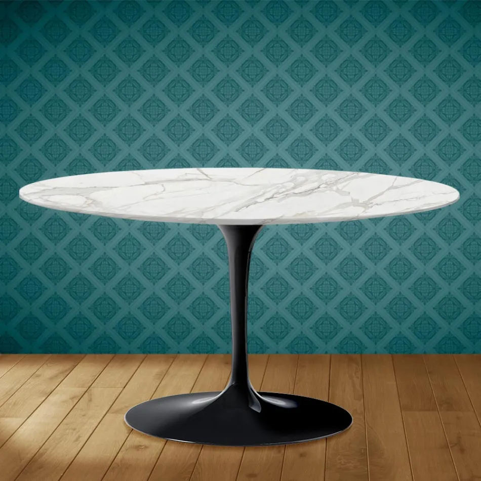 Tavolino Tulip Eero Saarinen H 41 Ovale in Ceramica Morpheus Made in Italy - Scarlet Viadurini