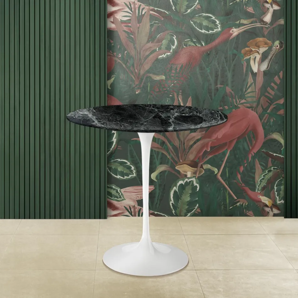 Tavolino Tulip Eero Saarinen H 52 Ovale in Marmo Verde Alpi Realizzato in Italia Viadurini