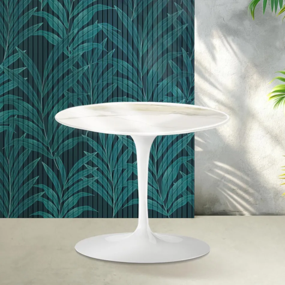 Tavolino Tulip Saarinen H 39 cm in Ceramica Florim Calacatta Gold Lucido - Scarlet Viadurini