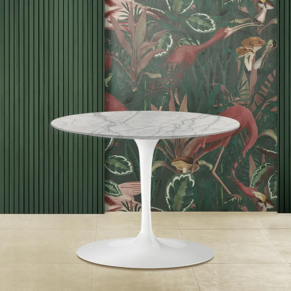 Tavolino Tulip Saarinen H 39 Ovale con Piano in Marmo di Carrara Statuarietto Viadurini