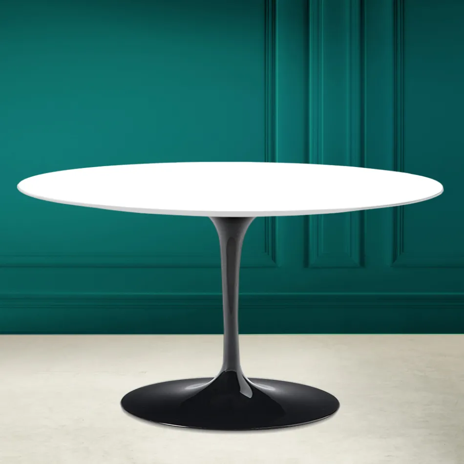 Tavolino Tulip Saarinen H 41 Ovale in Ceramica Bianco Assoluto Made in Italy - Scarlet Viadurini
