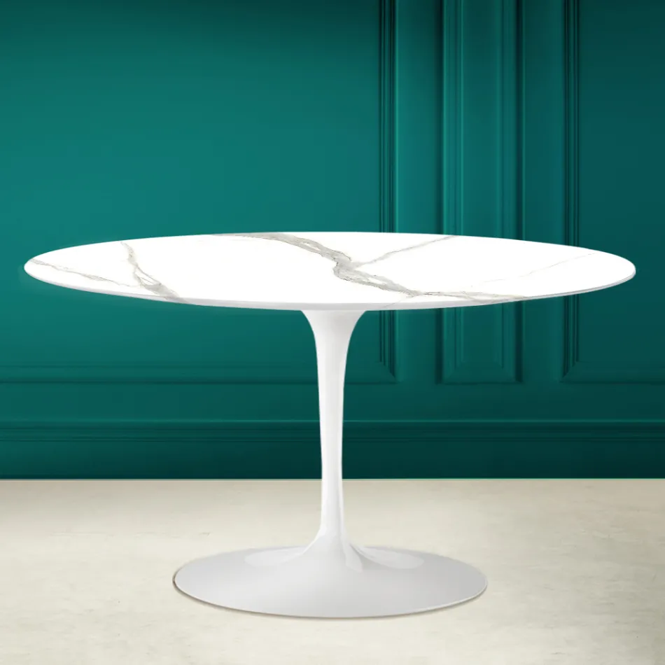 Tavolino Tulip Saarinen H 41 Ovale in Ceramica Calacatta Michelangelo Viadurini