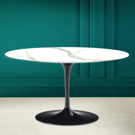 Tavolino Tulip Saarinen H 41 Ovale in Ceramica Calacatta Michelangelo Viadurini