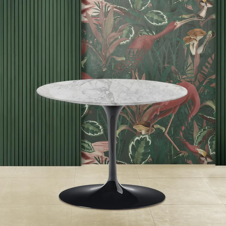 Tavolino Tulip Saarinen H 41 Rotondo con Piano in Marmo Arabescato Made in Italy - Scarlet Viadurini