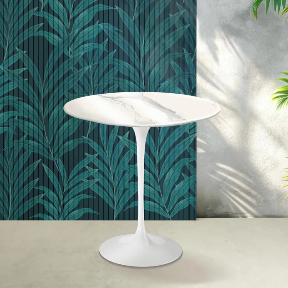 Tavolino Tulip Saarinen H 52 cm in Ceramica Florim Statuario Lucido - Scarlet Viadurini