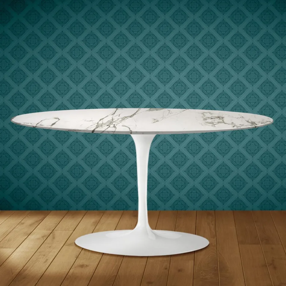 Tavolino Tulip Saarinen Ovale H 41 in Ceramica Aura 22 Made in Italy - Scarlet Viadurini