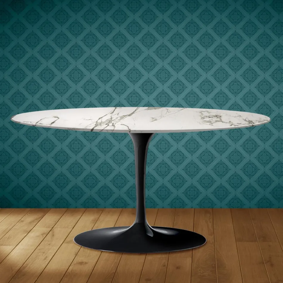 Tavolino Tulip Saarinen Ovale H 41 in Ceramica Aura 22 Made in Italy - Scarlet Viadurini