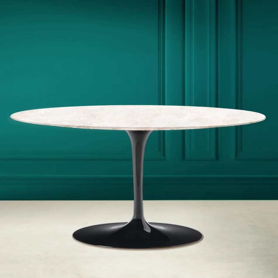 Tavolino Tulip Saarinen Ovale H 41 in Ceramica Diamond Cream Made in Italy - Scarlet Viadurini