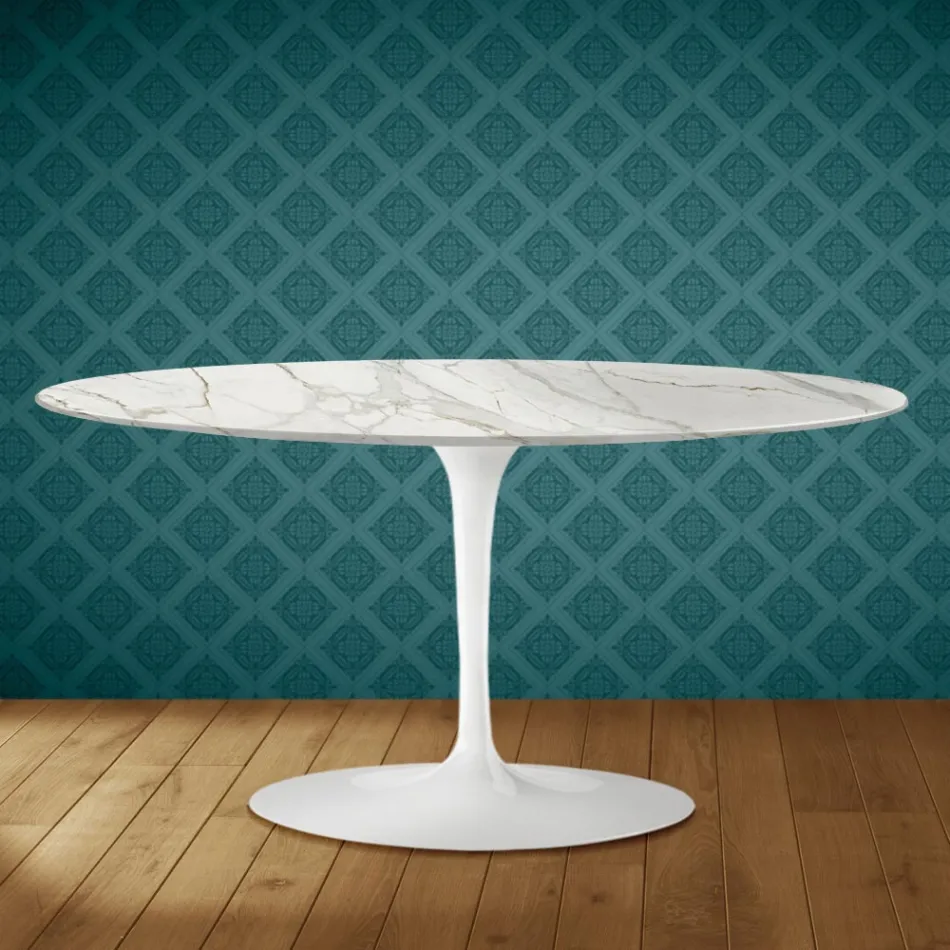 Tavolino Tulip Saarinen Ovale H 41 in Ceramica Lucid Made in Italy - Scarlet Viadurini