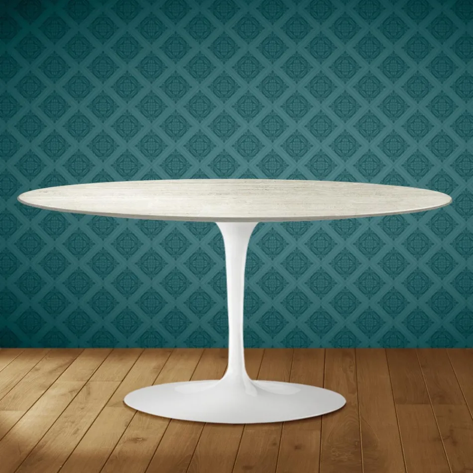 Tavolino Tulip Saarinen Ovale H 41 in Ceramica Marmorio Made in Italy - Scarlet Viadurini