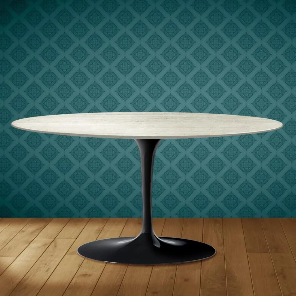 Tavolino Tulip Saarinen Ovale H 41 in Ceramica Marmorio Made in Italy - Scarlet Viadurini