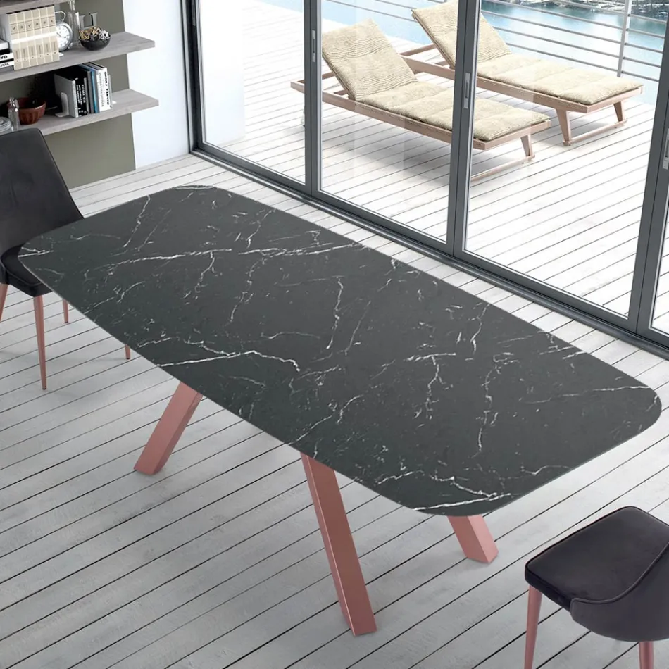 Tavolo a Botte Moderno in Ceramica e Acciaio Oro Rosa Made in Italy – Settimmio Viadurini